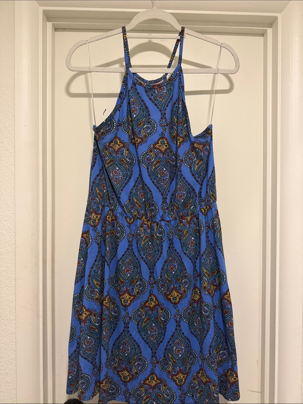 French Grey Blue Paisley Halter Summer Dress
